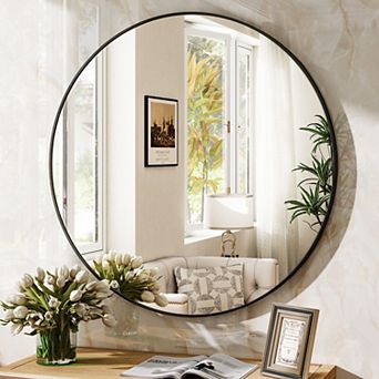 Morden Black 30 in W x 30 in H Round Aluminum Alloy Frame Vanity Wall Mirror