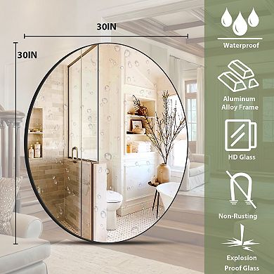 Morden Black 30 in. W x 30 in. H Round Aluminum Alloy Frame Vanity Wall Mirror