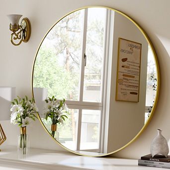 Morden Gold 30 in W x 30 in H Round Aluminum Alloy Frame Vanity Wall Mirror