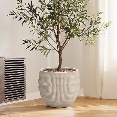 LuxenHome 17.5" Dia Round Planter, Large Pot for Plants with Drainage Hole, Wavy Textured Planter