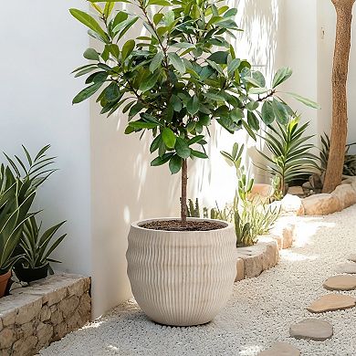 LuxenHome 17.5" Dia Round Planter, Large Pot for Plants with Drainage Hole, Wavy Textured Planter