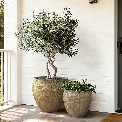 LuxenHome Weathered Earthstone Green Round Planter, Round, Textured Concrete Pot