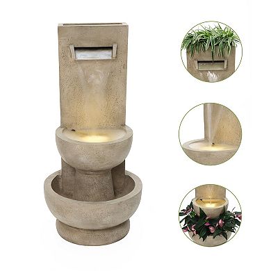 LuxenHome 33" Outdoor Water Fountain with Planter, Resin Outdoor Fountain with Lights, Water Feature