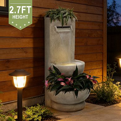 LuxenHome 33" Outdoor Water Fountain with Planter, Resin Outdoor Fountain with Lights, Water Feature