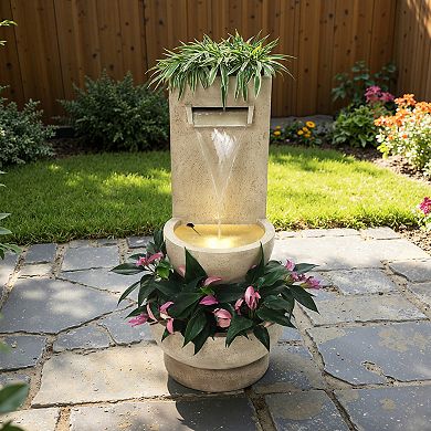LuxenHome 33" Outdoor Water Fountain with Planter, Resin Outdoor Fountain with Lights, Water Feature