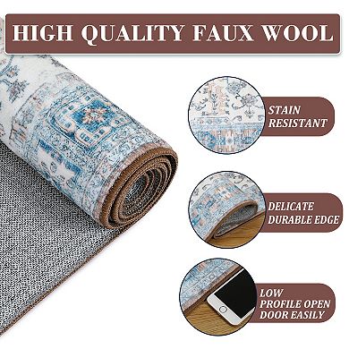 Washable Print Distressed Carpet Faux Wool Mat Foldable Accent Rug Kitchen Living Room Bedroom