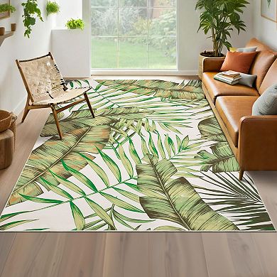 Washable Non-Slip Green Runner Rug Low Pile, Non-Shedding, Modern Botanical Carpet