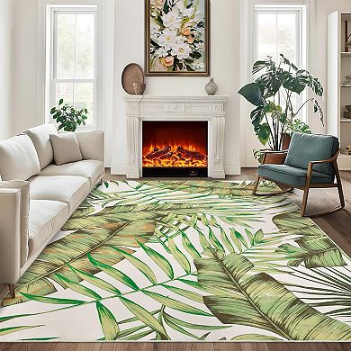 Washable Non-Slip Green Runner Rug Low Pile, Non-Shedding, Modern Botanical Carpet