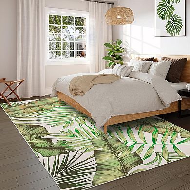 Washable Non-Slip Green Runner Rug Low Pile, Non-Shedding, Modern Botanical Carpet