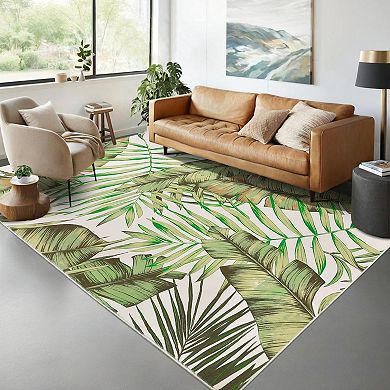 Washable Non-Slip Green Runner Rug Low Pile, Non-Shedding, Modern Botanical Carpet