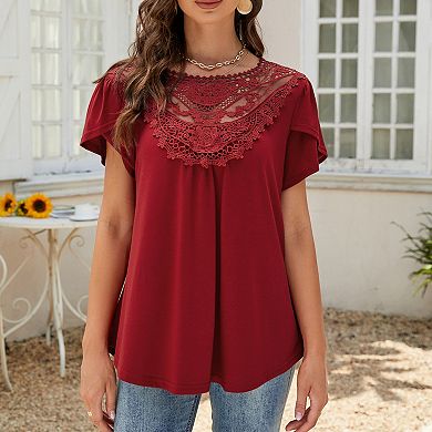 Women's Round Neck Short Sleeve Lace Trim Ruffle Blouson Hem Top Casual Textured Summer Tee