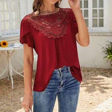 Women's Round Neck Short Sleeve Lace Trim Ruffle Blouson Hem Top Casual Textured Summer Tee