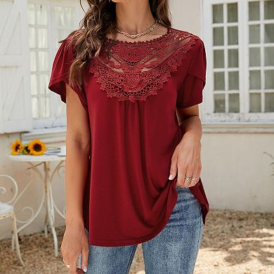 Women's Round Neck Short Sleeve Lace Trim Ruffle Blouson Hem Top Casual Textured Summer Tee