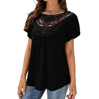 Women's Round Neck Short Sleeve Lace Trim Ruffle Blouson Hem Top Casual Textured Summer Tee