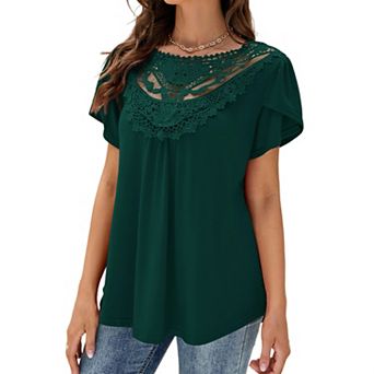 Women's Round Neck Short Sleeve Lace Trim Ruffle Blouson Hem Top Casual Textured Summer Tee