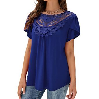 Women's Round Neck Short Sleeve Lace Trim Ruffle Blouson Hem Top Casual Textured Summer Tee