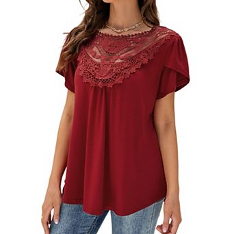Women's Round Neck Short Sleeve Lace Trim Ruffle Blouson Hem Top Casual Textured Summer Tee