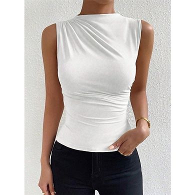 Women's Solid Color Ruched Mock Neck Tank Top Sleeveless T Shirt Tops