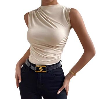 Women's Solid Color Ruched Mock Neck Tank Top Sleeveless T Shirt Tops