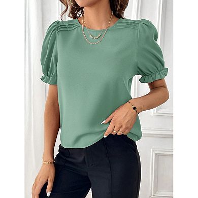 Women Elegant Ruffle Puff Short Sleeve Casual Blouses