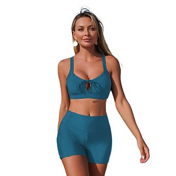 Women's Two Piece Solid Color Swimsuit Bikini with Pockets