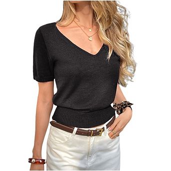 Womens Short Sleeve Sweaters V Neck Business Casual Lightweight Sweater Tops
