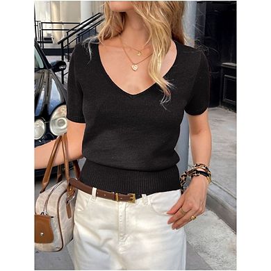 Womens Short Sleeve Sweaters V Neck Business Casual Lightweight Sweater Tops