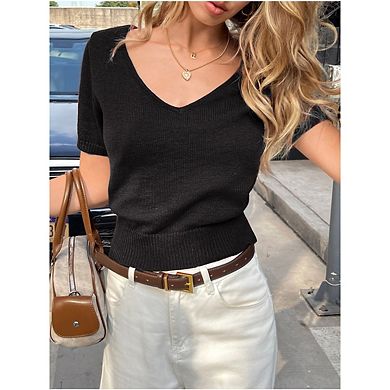 Womens Short Sleeve Sweaters V Neck Business Casual Lightweight Sweater Tops