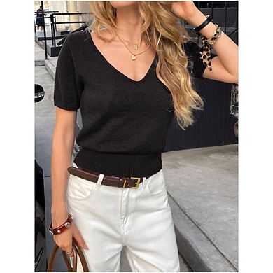 Womens Short Sleeve Sweaters V Neck Business Casual Lightweight Sweater Tops