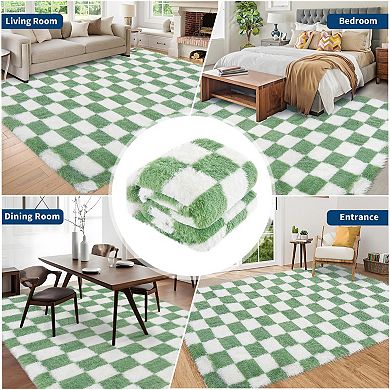 ANIXOL Plush Checkered Shag Area Rug with Non-Slip Backing
