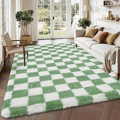 ANIXOL Plush Checkered Shag Area Rug with Non-Slip Backing