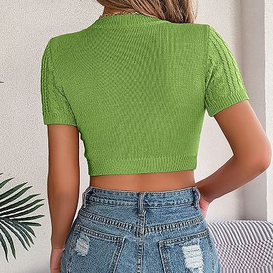 Women's Cable Knit Short Sleeve Sweater Cropped Summer Top Textured Crewneck Pullover for Vacation