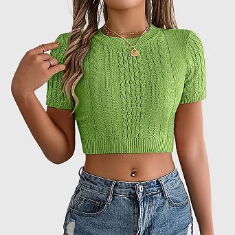 Women's Cable Knit Short Sleeve Sweater Cropped Summer Top Textured Crewneck Pullover for Vacation