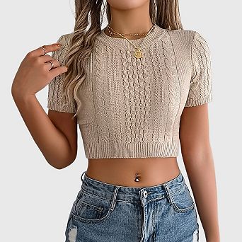Women's Cable Knit Short Sleeve Sweater Cropped Summer Top Textured Crewneck Pullover for Vacation