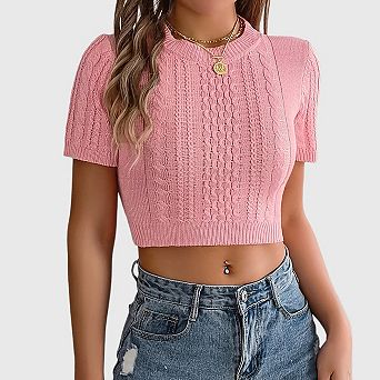 Women's Cable Knit Short Sleeve Sweater Cropped Summer Top Textured Crewneck Pullover for Vacation
