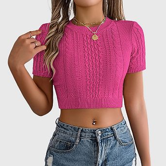 Women's Cable Knit Short Sleeve Sweater Cropped Summer Top Textured Crewneck Pullover for Vacation