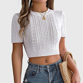 Women's Cable Knit Short Sleeve Sweater Cropped Summer Top Textured Crewneck Pullover for Vacation