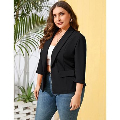 Women's Plus Office Casual Blazer 3/4 Sleeve Shawl Collar Open Front Dual Pockets for Work Business
