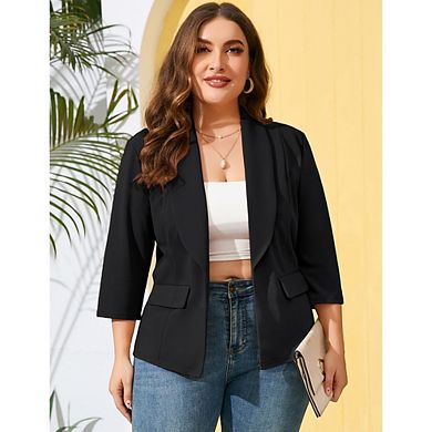 Women's Plus Office Casual Blazer 3/4 Sleeve Shawl Collar Open Front Dual Pockets for Work Business