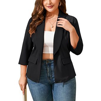Women's Plus Office Casual Blazer 3/4 Sleeve Shawl Collar Open Front Dual Pockets for Work Business