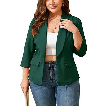 Women's Plus Office Casual Blazer 3/4 Sleeve Shawl Collar Open Front Dual Pockets for Work Business