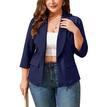 Women's Plus Office Casual Blazer 3/4 Sleeve Shawl Collar Open Front Dual Pockets for Work Business