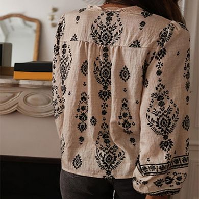 Womens Boho Blouse Split V-Neck Button Front Balloon Sleeves Loose Fit for Casual Vacation Wear