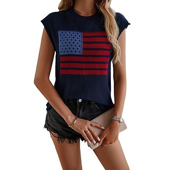 Women Casual Cap Sleeve Sweater Vest Loose American Flag Knit Tank Top Loose Crew Neck Pullover