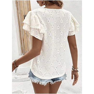 Women's Crochet Sweater Top V Neck Short Sleeve Knit Blouse