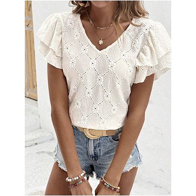 Women's Crochet Sweater Top V Neck Short Sleeve Knit Blouse