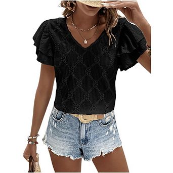 Women's Crochet Sweater Top V Neck Short Sleeve Knit Blouse