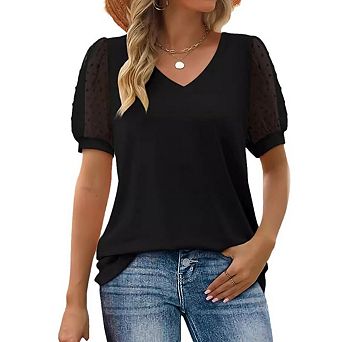 Womens Tops V Neck T Shirts Swiss Dot Puff Sleeve Tops Loose Casual Tshirts Summer