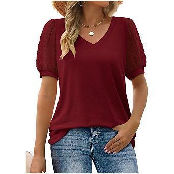 Womens Tops V Neck T Shirts Swiss Dot Puff Sleeve Tops Loose Casual Tshirts Summer