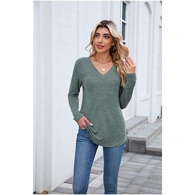 Womens V Neck T Shirts Long Sleeve Basic Tunic Tops Loose Fit Dressy
